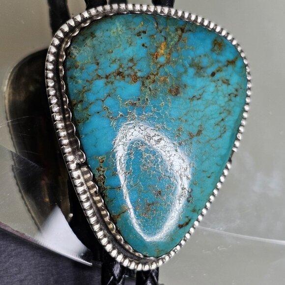Navajo Turquoise On Silver BOLO Tie Hallmarked K E E with Sterling 925 Tips KEE - Picture 14 of 16